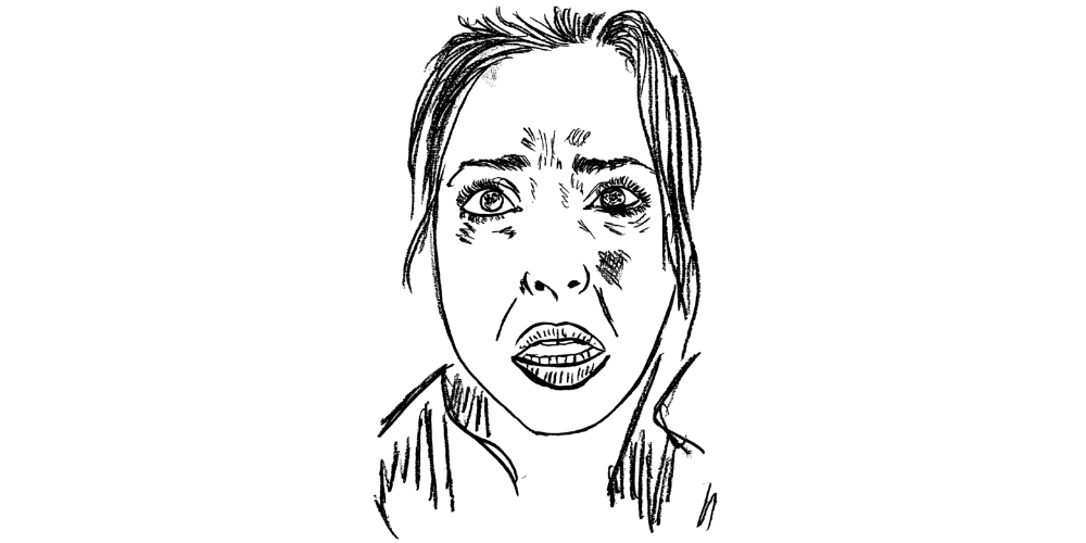 Line art — woman expressing vulnerability and inner conflict before saying no