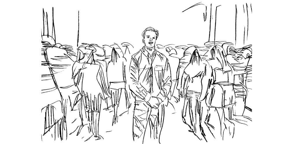 Line art — person standing still in a moving crowd, calm and centered