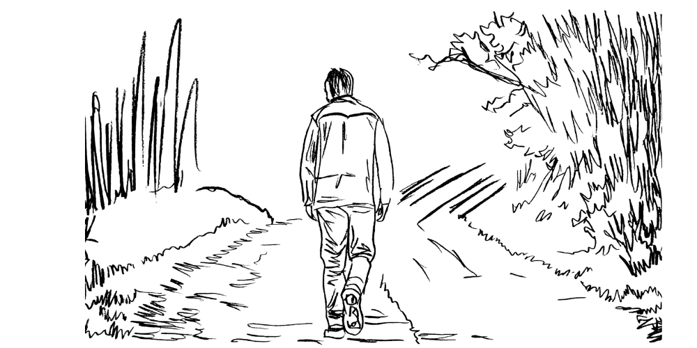 Line art — person walking peacefully down a path surrounded by nature