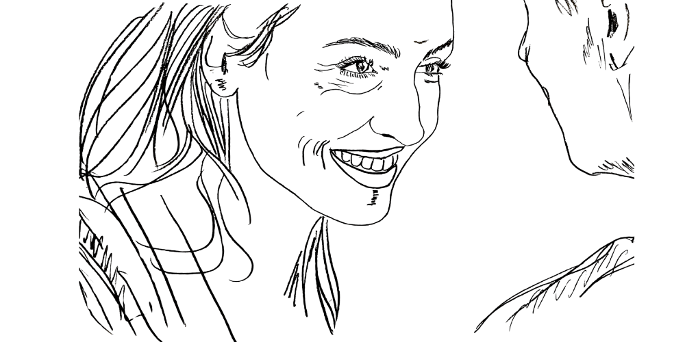 Line art — two people standing in their own circles, connected by a soft bridge of light