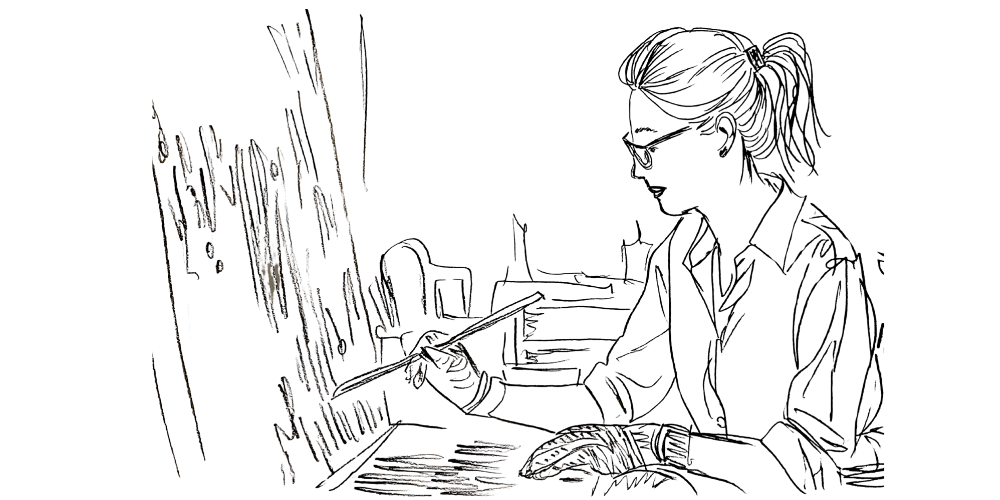 Line art — woman painting calmly at her desk, free from external pressure