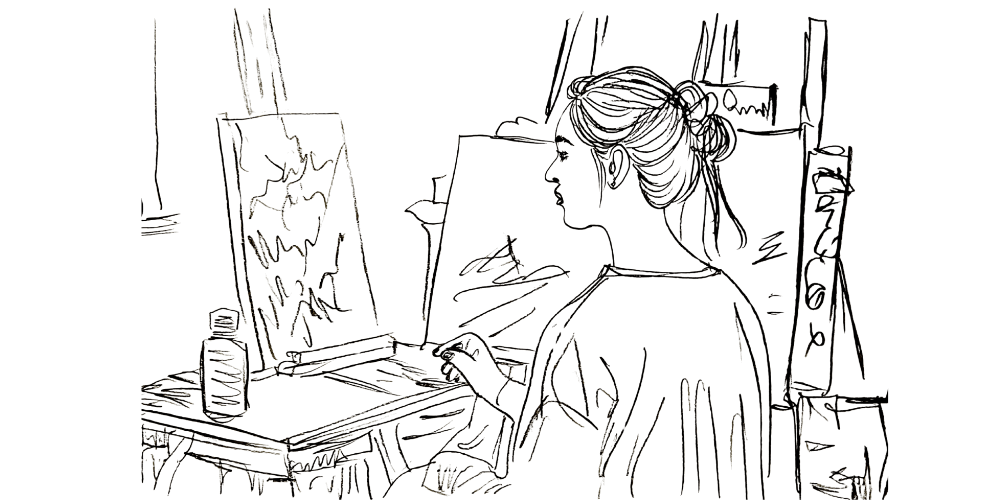 Line art — artist at the easel, letting go of perfection while painting