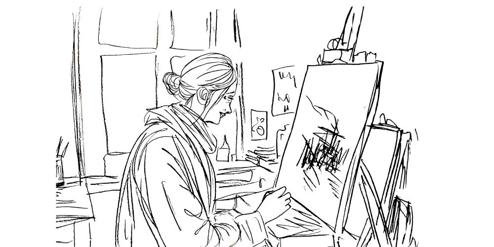 Line art — focused painter by a window, choosing expression over performance