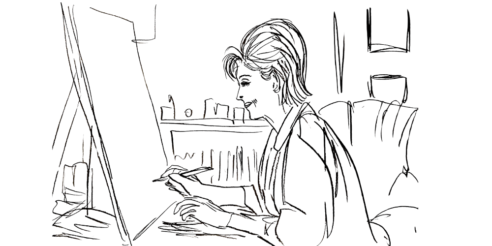 Line art — woman writing or sketching at her desk, creating from within