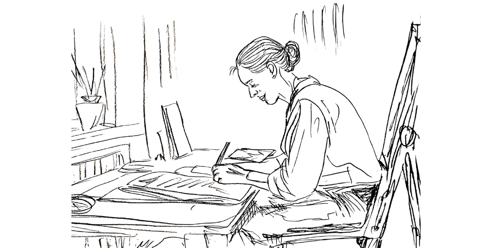 Line art — open journal by a window, gentle pencil ready for honest creation