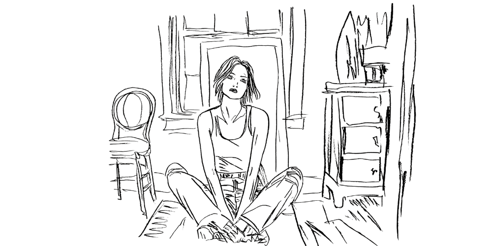 Line art — woman sitting on the floor in morning light, grounding into her authentic self