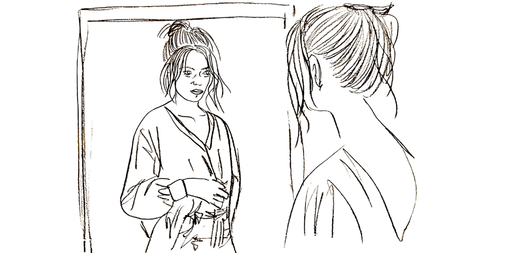 Line art — woman meeting her reflection with softness, choosing presence over perfection