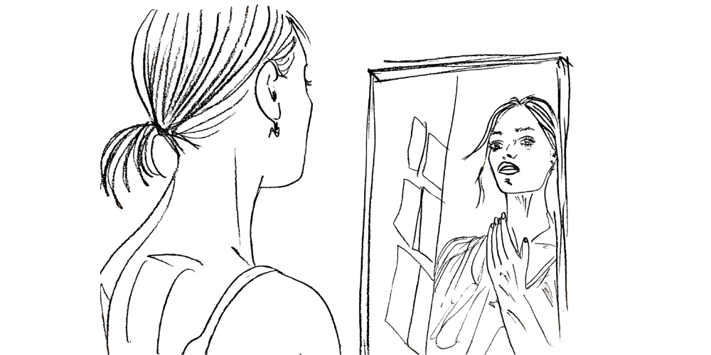 Line art — back view of a woman looking into a mirror, protecting her inner truth