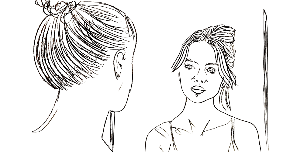 Line art — close view of a woman and her reflection, breathing into honest presence