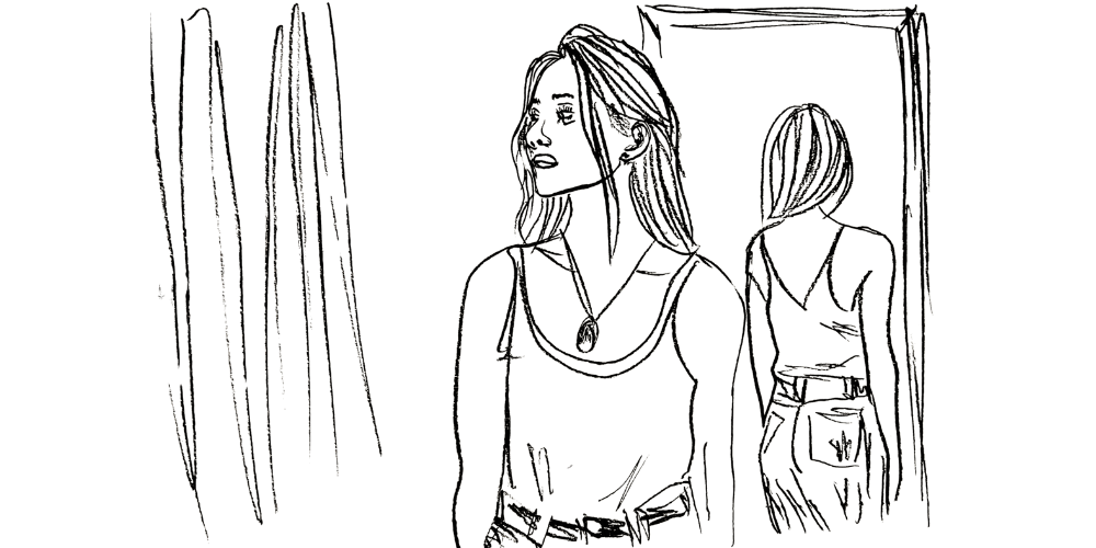 Line art — woman turning from the mirror to choose her own direction with confidence