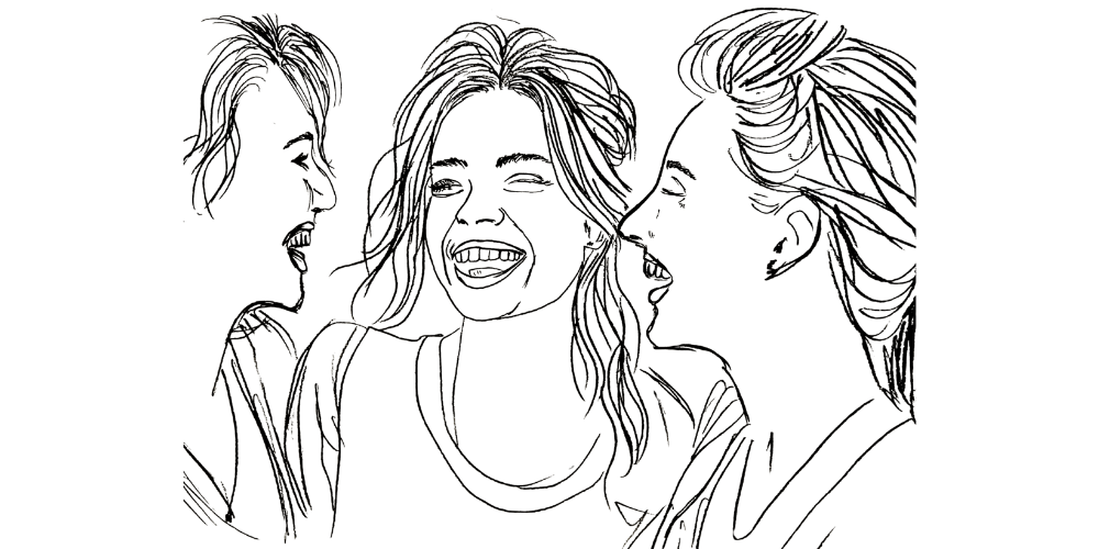 Line art — three friends sharing a natural laugh, noticing the quiet power of presence in everyday moments