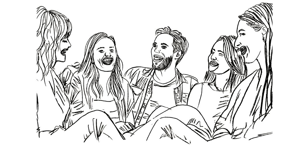 Line art — friends laughing together while I stay inwardly steady in present-moment awareness