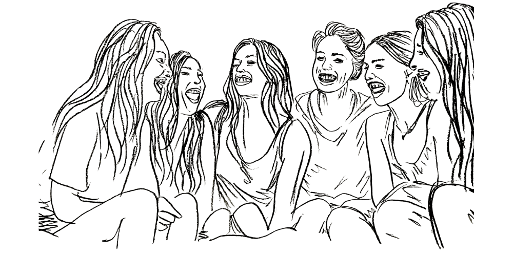 Line art — circle of women sharing warm laughter, grounded in powerful presence