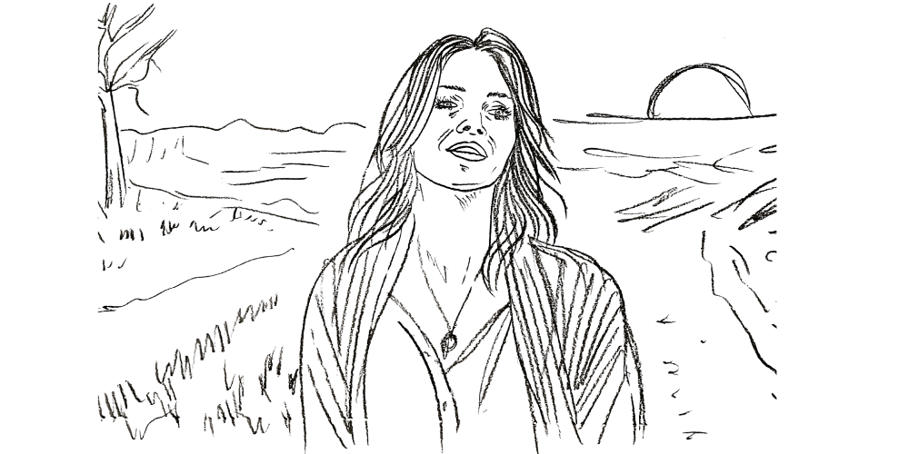 Minimal line art — woman under a soft sunrise, breathing in renewal and self-acceptance.