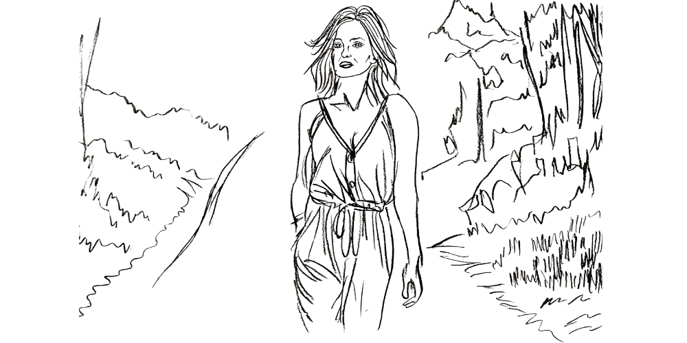 Minimal line art — woman walking through quiet trees, moving forward with gentle confidence.