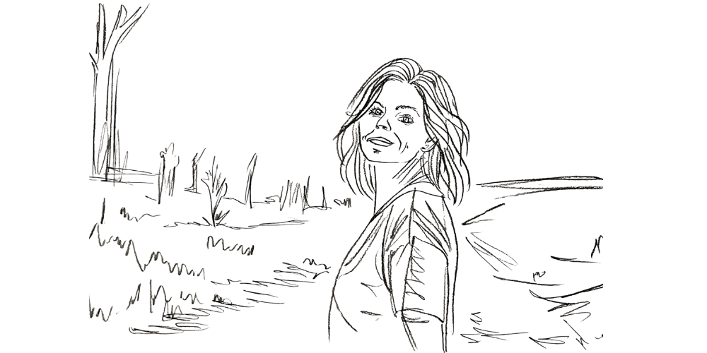 Minimal line art — woman glancing back with a calm smile, grounded between past and future.