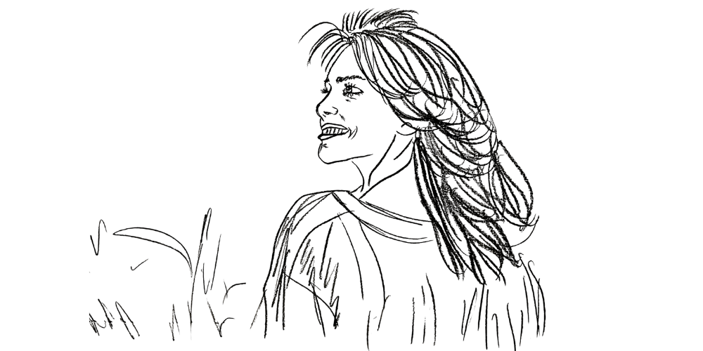 Minimal line art — woman facing the wind, relaxed and free after personal transformation.