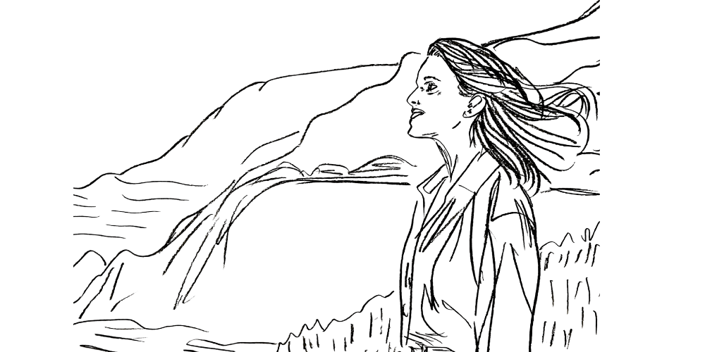 Line art — woman standing by the sea, eyes closed, feeling grounded in her truth