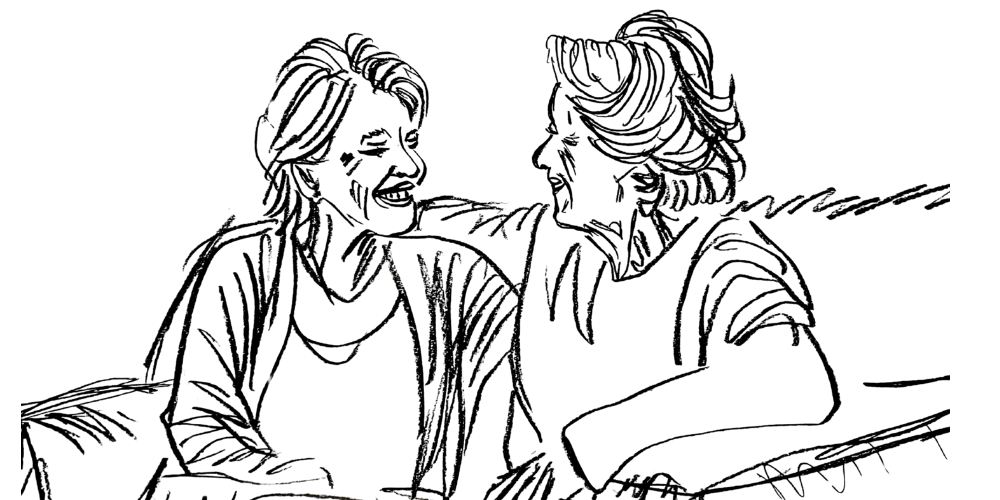 Line art — two women talking with empathy, sharing authentic connection