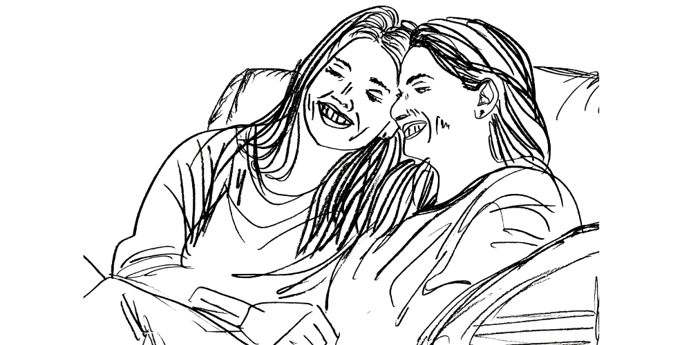 Line art — two women laughing together, embodying authentic joy