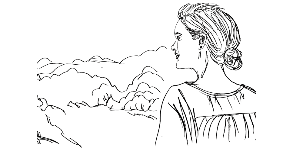 Line art — woman looking at the horizon, reflecting on her journey