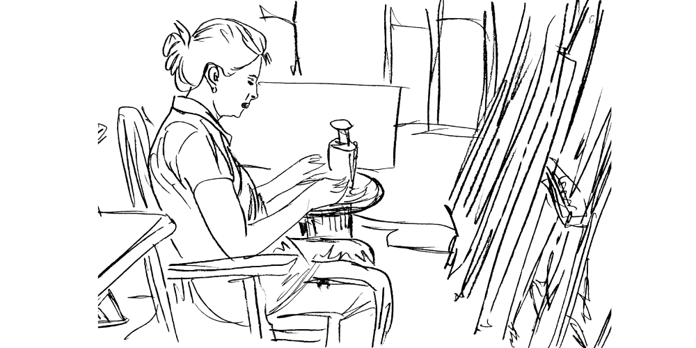 Line art — woman journaling at her desk under soft light