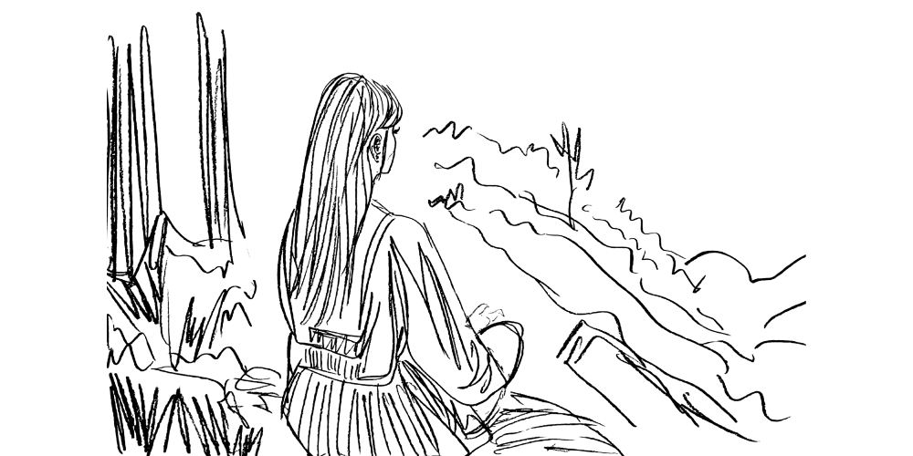 Line art — woman sitting calmly in nature, embracing her authenticity