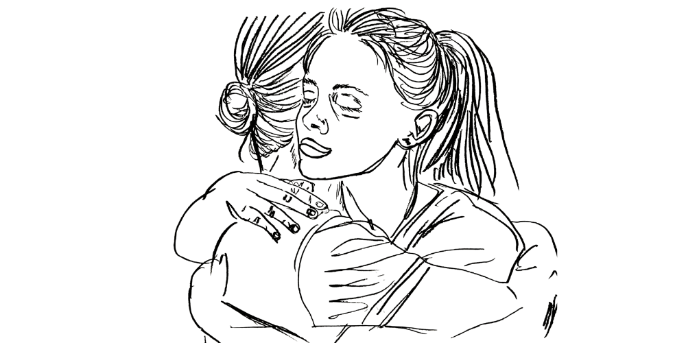 Line art — two women embracing gently, embodying honesty and vulnerability
