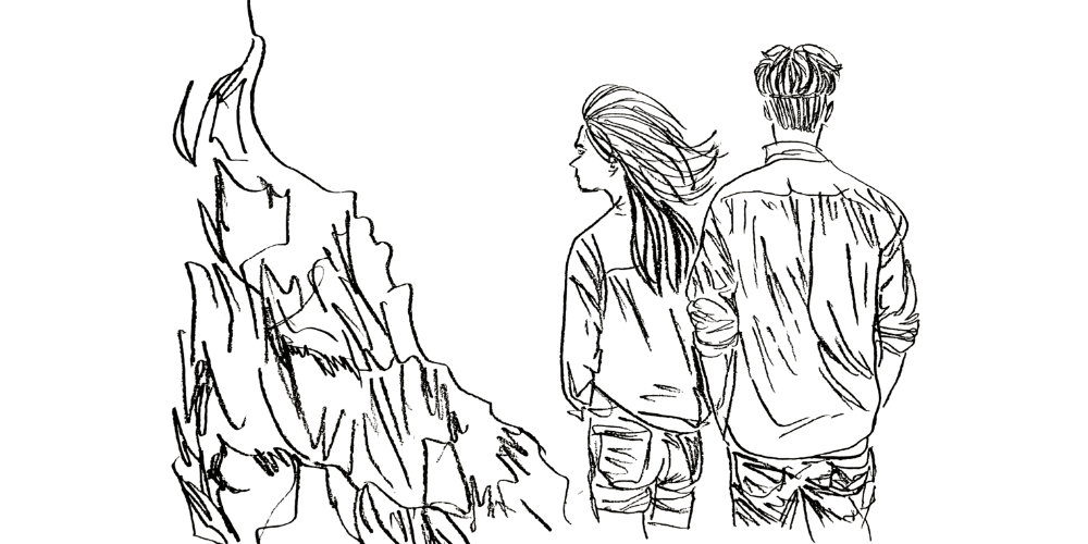 Line art — two people walking together towards the horizon, free and honest