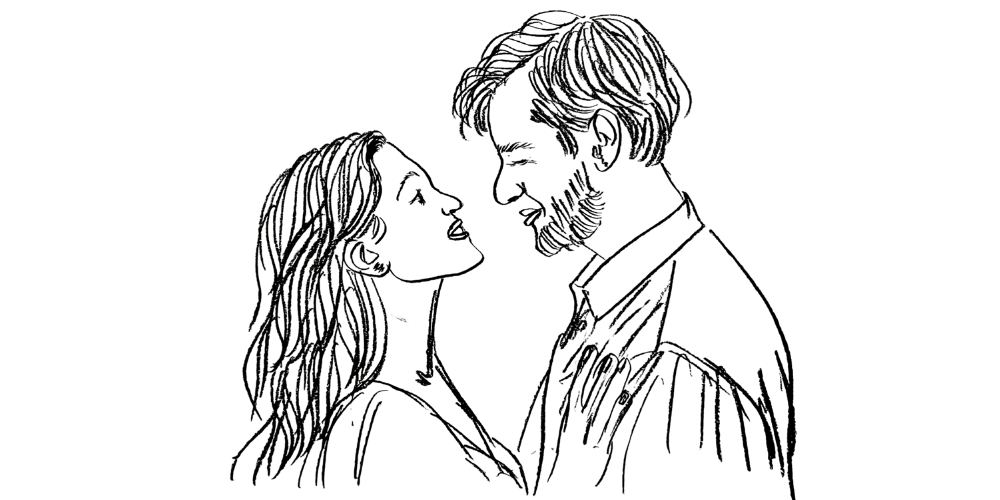 Line art — man and woman gazing into each other’s eyes with sincerity