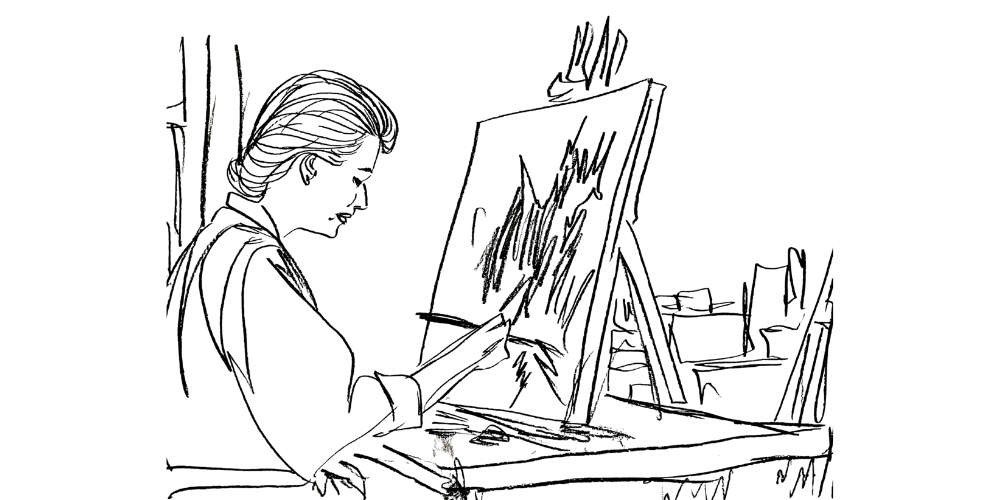 Line art — woman painting with focus and peace, expressing herself authentically