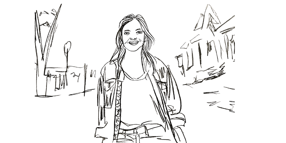 Line art woman walking calmly through a quiet street — illustration of authenticity, presence, and self-alignment (Mibosma).