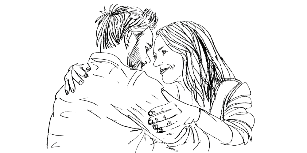 Line art couple embracing with tenderness — letting go with love and emotional acceptance (Mibosma).