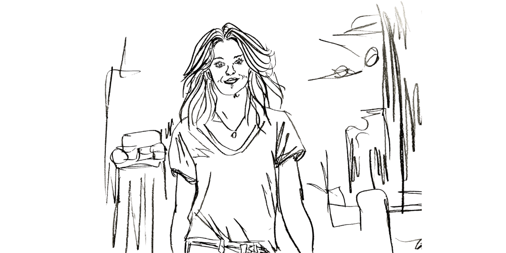 Line art woman smiling in sunlight — rediscovering herself and feeling aligned with her truth (Mibosma).