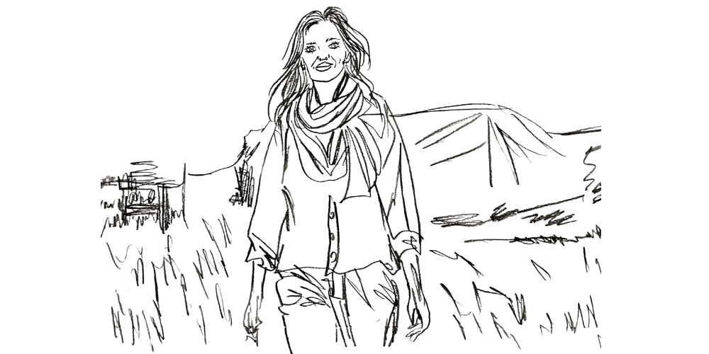 Line art woman walking through nature — symbol of freedom, clarity, and mindful living (Mibosma).