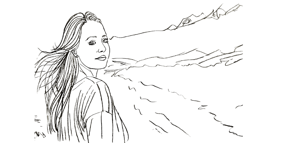 Line art woman looking back over her shoulder with hair in the wind — a moment of reflection and courage (Mibosma).