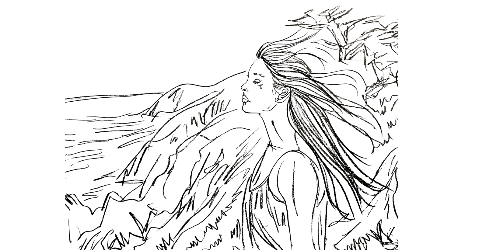 Line art woman standing in the wind among trees and hills — freedom, transformation, and peace (Mibosma).