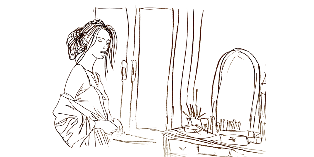 Line art woman standing by the window — calm morning reflection and quiet self-awareness (Mibosma).