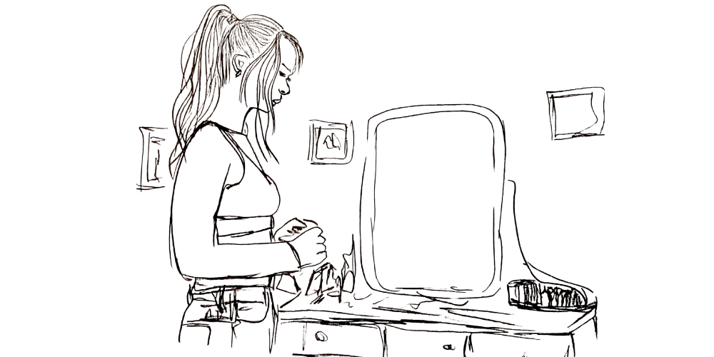 Line art woman brushing her hair in front of a mirror — gentle act of self-care and grounding (Mibosma).