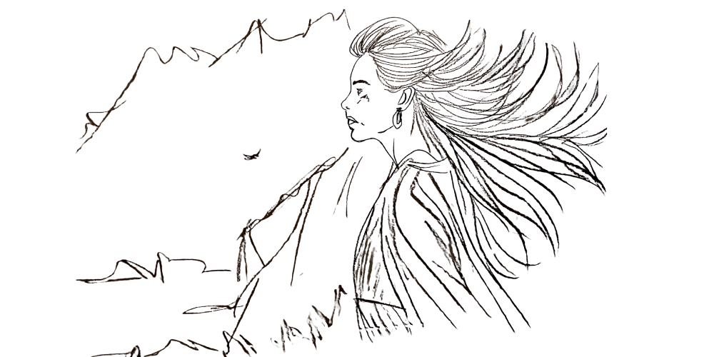 Line art woman with hair flowing in the wind — freedom, release, and emotional renewal (Mibosma).