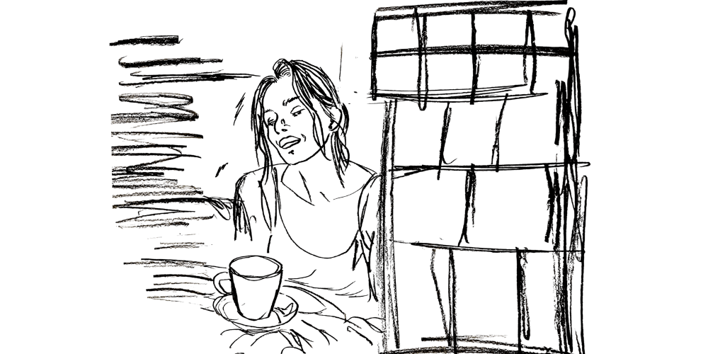 Dreaming softly — woman near window under moonlight, letting dreams breathe without pressure (Mibosma).