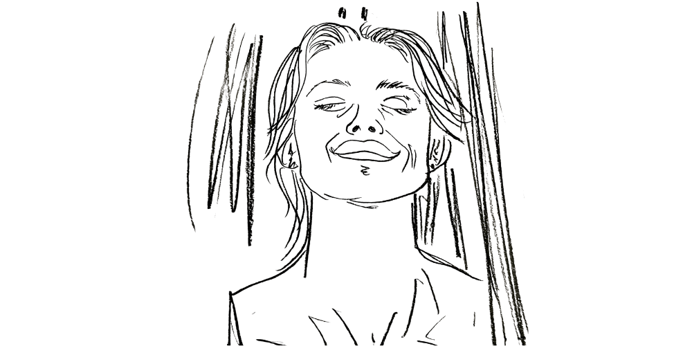 Letting go of perfection — soft line art of woman exhaling in calm acceptance (Mibosma).