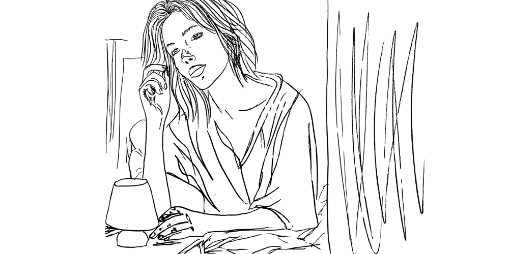 Embracing uncertainty — woman sitting thoughtfully near a lamp, learning to move without full clarity (Mibosma).