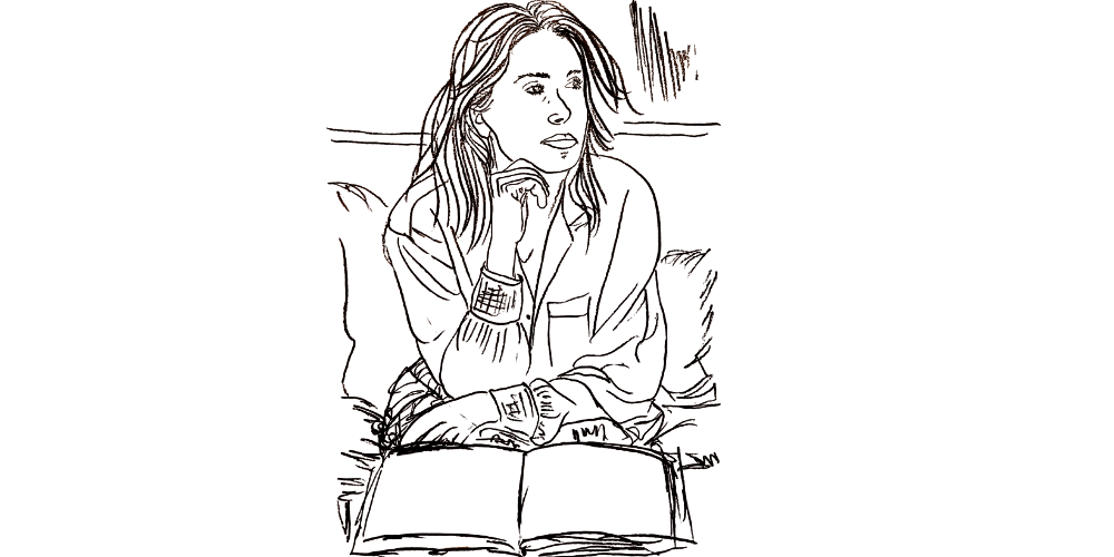 Journaling about thankfulness — woman reflecting in her notebook, imperfect yet sincere (Mibosma illustration)