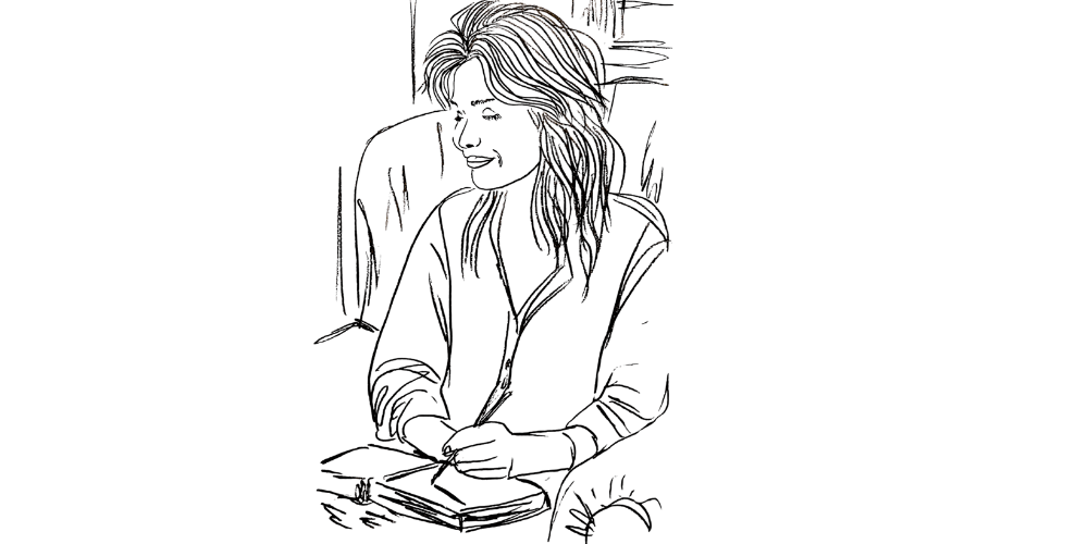 Woman journaling and smiling softly — finding enoughness in ordinary moments (Mibosma illustration)