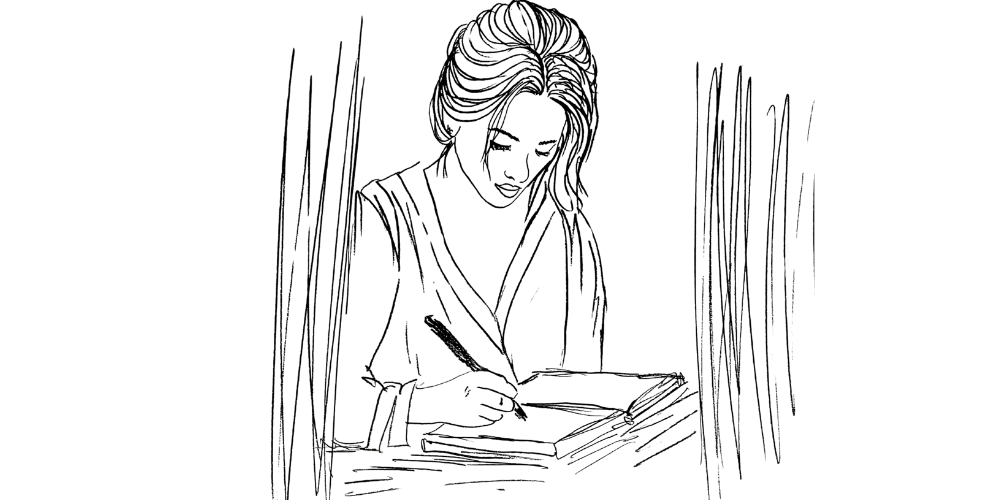 Woman writing in her journal — reflecting on both contentment and goals (Mibosma illustration)