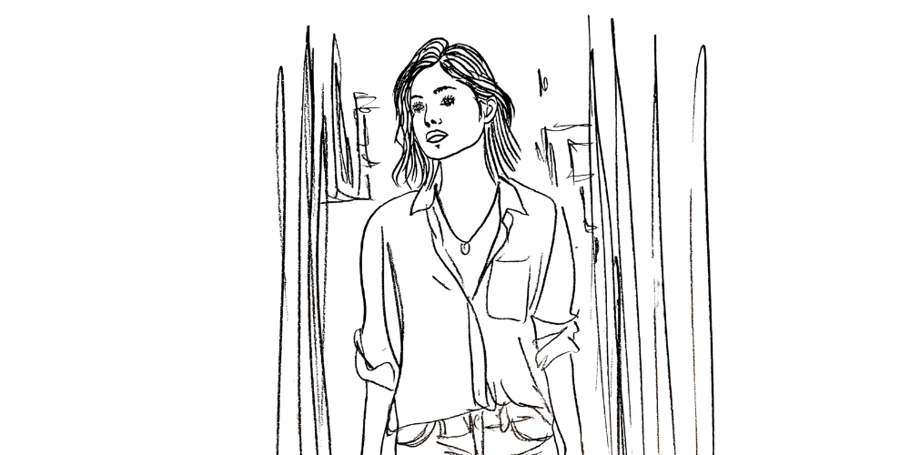 Woman standing near window reflecting — learning to stay grateful during hard seasons (Mibosma illustration)