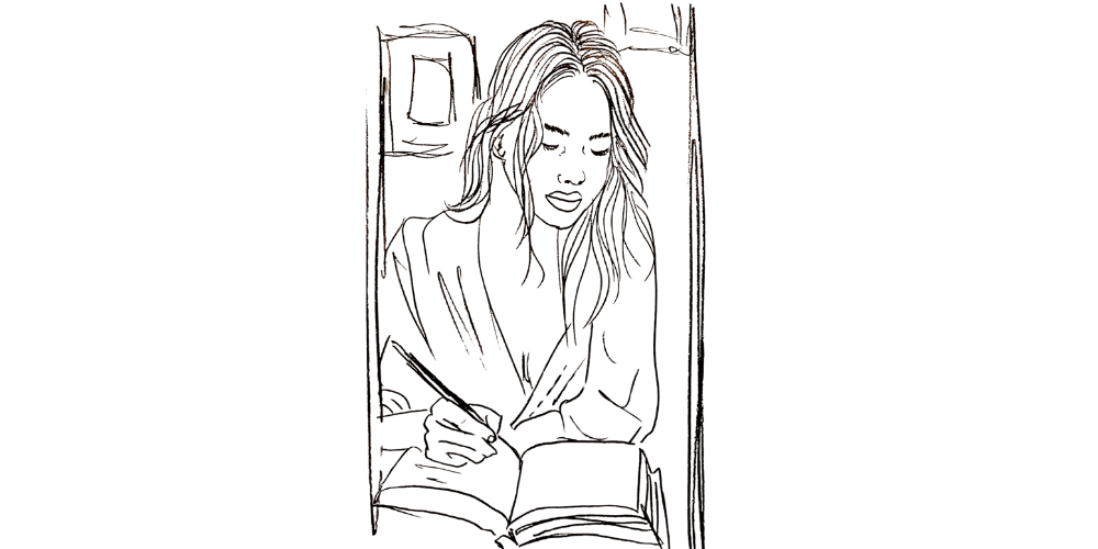 Woman journaling near a window — grounding herself through gratitude writing (Mibosma illustration)