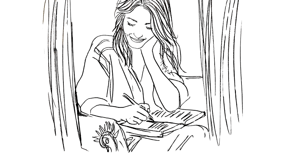 Woman journaling with a peaceful smile — illustrating mindfulness and gratitude (Mibosma illustration)