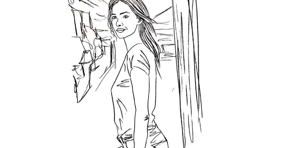 Woman arriving at a calm inner space near a window — symbol of returning within (Mibosma illustration)